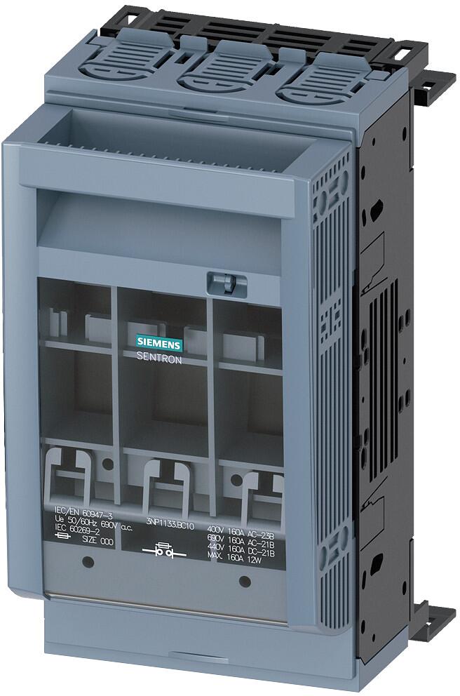 Siemens 3NP1133-1BC10 Sentron Sicherungslasttrennschalter 3NP1, 3-polig, NH00, 160 A, für Sammelschienensystem 8US 60mm, Flachanschluss
