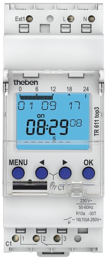 Theben TR 611 top3 Digitale Zeitschaltuhr 1 Kanal, REG/DIN-Schiene/Hutschiene, 2TE, Wochenprogramm, App, 230 V, externer Eingang (Schalter/Taster), Da