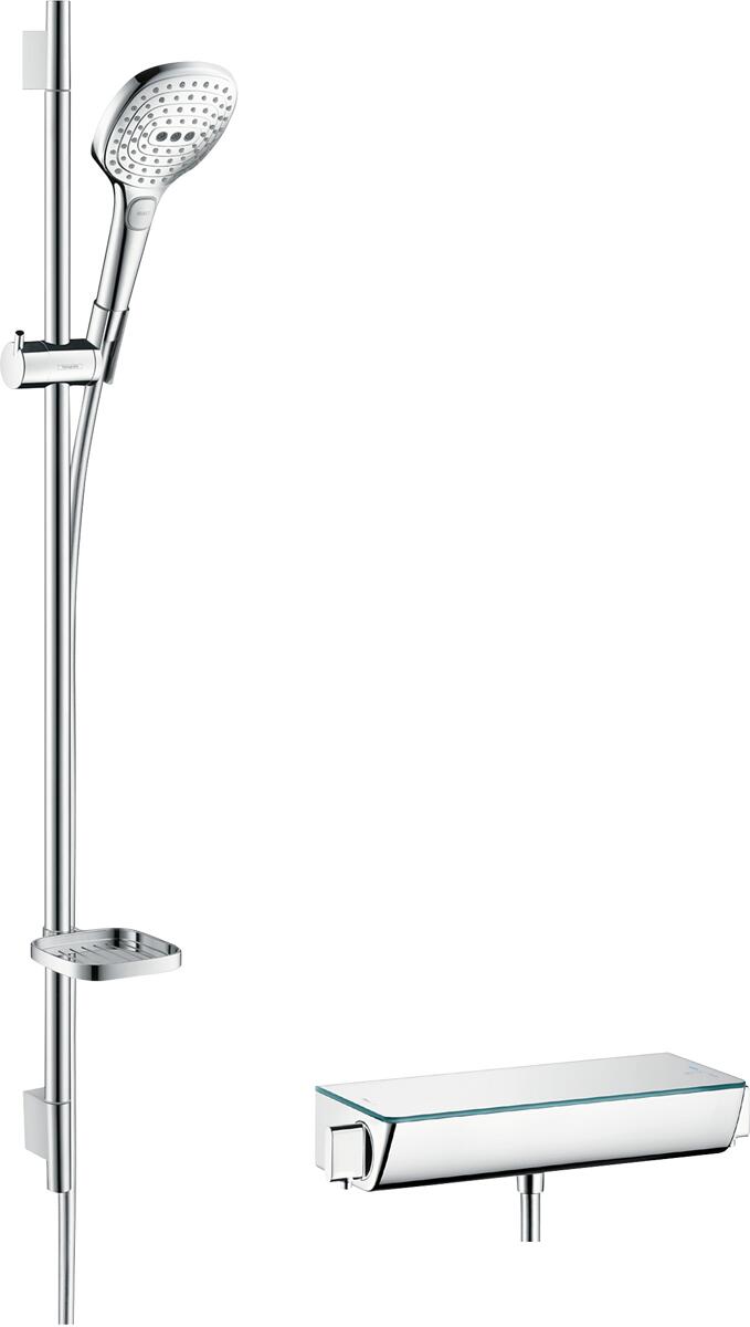 hansgrohe Raindance Select E Brausesystem Aufputz 120 3 Strahlarten mit Ecostat Select Thermostat und Duschstange 90 cm, Messing, 14,4 l/min, 120 mm,