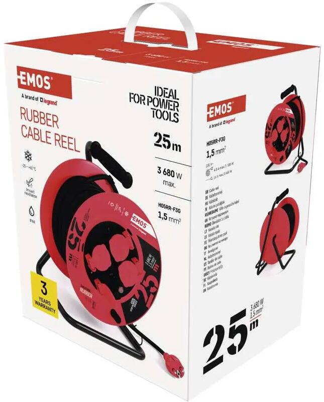 Carrete Alargador EMOS De 20m Con 4 Enchufes Schuko – Protección Térmica, 230V 10A 2300W, Para Interior Y Jardín Seco