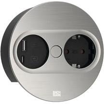 Bachmann TWIST 2 Einbausteckdose, 1xCEE7/3, 1xUSB A/C Charger, 22W, 2,0m, AEH, rund, Edelstahl-Optik, schwarz (946.004)