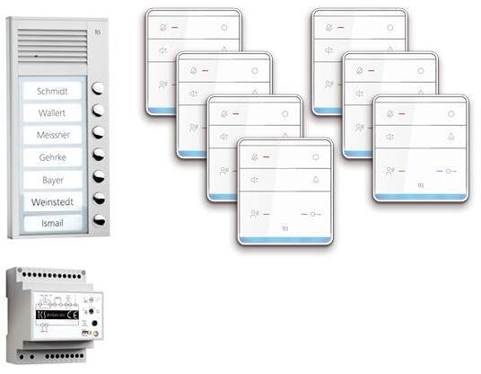 TCS PPAF07-EN/01 pre:pack Audio Aufputz für 7 Wohneinheiten, mit Außenstation PAK 7 Klingeltasten + 7 x Freisprecher ISW5010 + Steuergerät BVS20