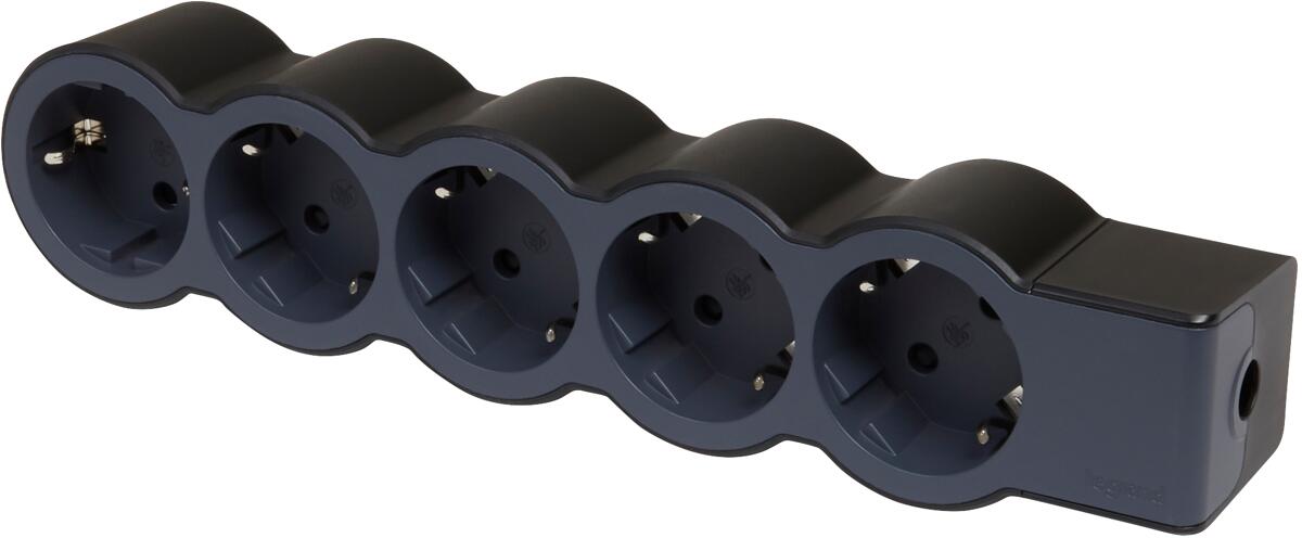 Legrand Flache Steckdosenleiste, 5-fach Steckdose, Mehrfachsteckdose, ohne Kabel, Schwarz/Dunkelgrau (694578)