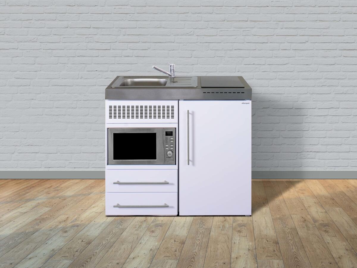 Stengel MPM 100 Miniküche, 100cm breit, Induktionskochfeld, Kühlschrank mit Gefrierfach, mit Mikrowelle, Spüle rechts, weiß (10100 010671 00)