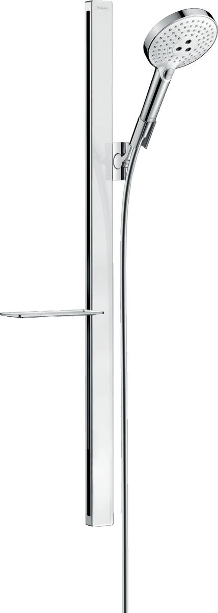 hansgrohe Raindance Select S Duschset 120 3 Strahlarten mit Duschstange 90 cm und Ablage, Messing, 15 l/min, 125 mm, Weiß/Chrom, (27648400)