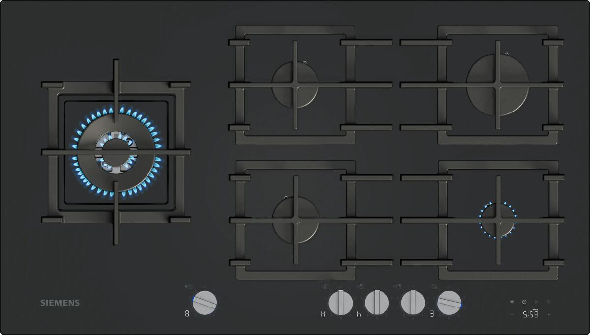 Siemens ER9A6SH40 iQ700 Autarkes Gaskochfeld, 91,5 cm breit, HomeConnect, 5 Kochzonen, Dual Wok-Brenner, Glaskeramik, schwarz