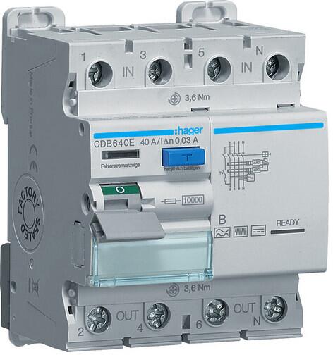 Hager CDB640E Fehlerstromschutzschalter, FI-Schalter 4-polig 10kA 40A 30mA Typ B