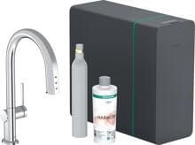 hansgrohe Aqittura M91 SodaSystem 210, Ausziehauslauf, 1 Strahlart, Schlauchbox, Starter Set, Messing, 240 mm, G ⅜ Anschlussschläuche, mit Rückflussverhinderer, chrom (76806000)