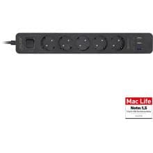 InLine® Steckdosenleiste, 5-fach Schutzkontakt, Überspannungsschutz und QuickCharge USB, mit Schalter, 1,5m, schwarz (16491U)