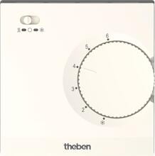 Theben RAMSES 708 S Raumthermostat elektronisch, Wandmontage/Aufputz (AP), Temperaturregelung über Stellrad, externe Temperaturabsenkung möglich, Schalter Ein/Aus/Kühlen (7080003)
