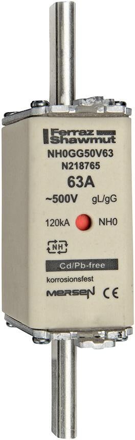 Mersen NH0GG50V63 Sicherungseinsatz gG NH0, 63A, Doppelkennmelder, spannungsführende Grifflaschen (N218765)