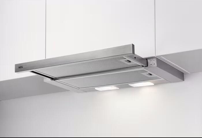 AEG DPS362AS EEK: C Extractor 3000 Flachschirmhaube, 60 cm breit, 330 m³/h, LED-Beleuchtung, Drucktasten, Abluft- und Umluftbetrieb, grau