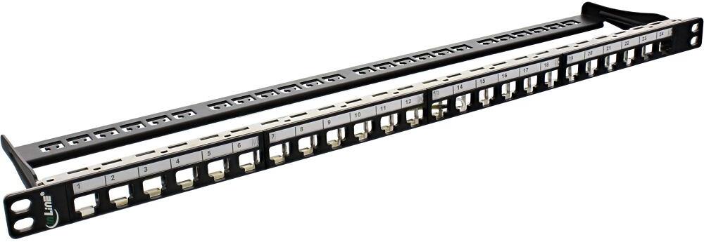 InLine Patchfeld Cat.6A 24-fach, RJ45 Keystone Leerblech Patchpanel, 48,26cm (19"), 0,5HE, schwarz (76824C)