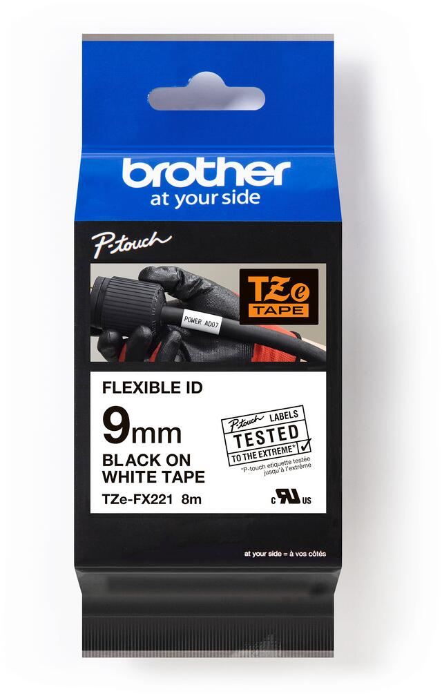 Brother TZe-FX221 Flexi-Tape laminiertes Schriftband für Beschriftungsgeräte, 9mm, 8m, schwarz/weiß