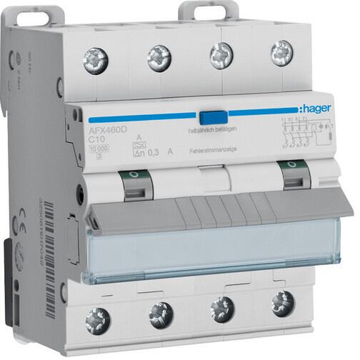 Hager AFX460D Fehlerstrom-Leitungsschutzschalter 4P 10kA C-10A 300mA Typ A