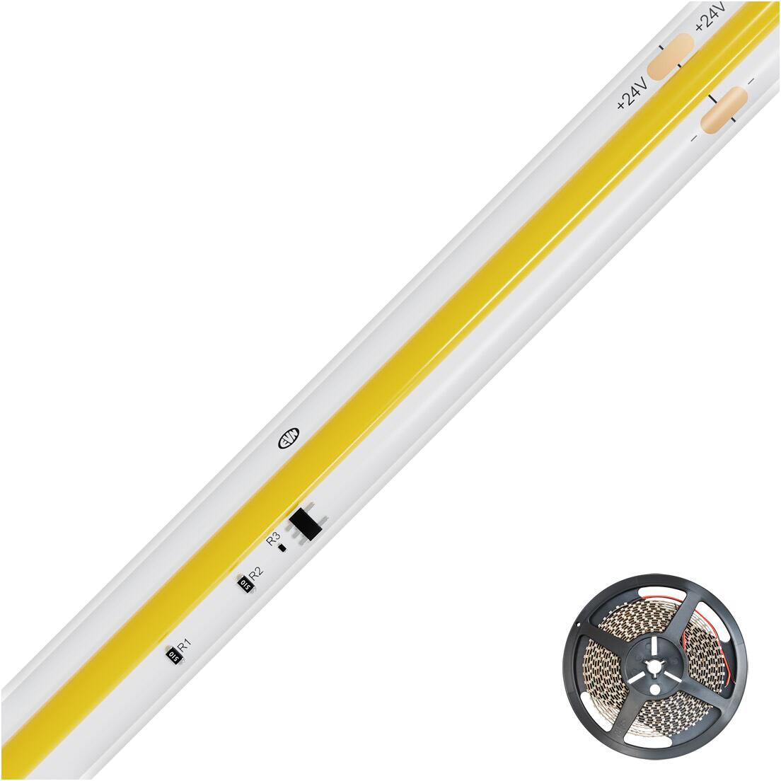 EVN SB-Serie COB LED-Strip, IP67, 24V/DC, 12W/m, 1073lm/m, 490LED/m, 5m-Rolle, 2700K, COB LED-Chips, max. Einspeiselänge: 10m (C67242451227)