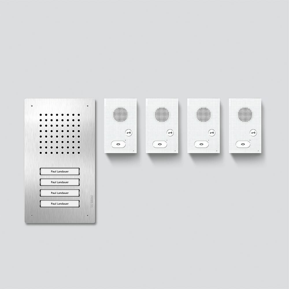 Siedle SET CLAB 850-4 E/W Audio-Türsprechanlagen-Set Bus-Technik, 4 Ruftasten, 4 Audio-Innenstationen, Türstation mit Unterputzgehäuse, Türöffnerfunkt