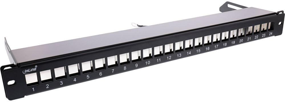 InLine Patchfeld 24-fach, Keystone Leerblech Patchpanel mit Auszug, 19", 1HE, schwarz RAL9005 (76824K)