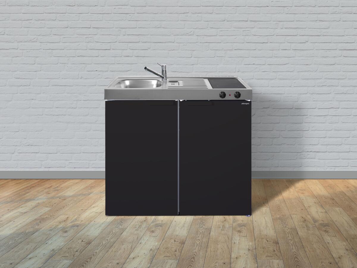 Stengel MK 100 Miniküche, 100cm breit, Elektrokochfeld, Kühlschrank mit Gefrierfach, Spüle rechts, schwarz matt (11100 000011 12)