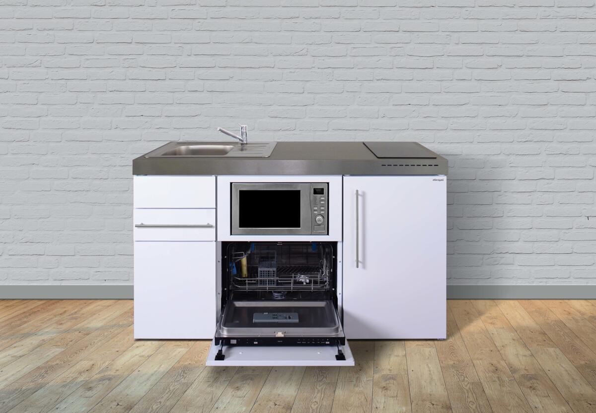 Stengel MPGSM 150 Miniküche, 150cm breit, Glaskeramikkochfeld, Kühlschrank mit Gefrierfach, Geschirrspüler 6 Maßgedecke, mit Mikrowelle, Becken links,