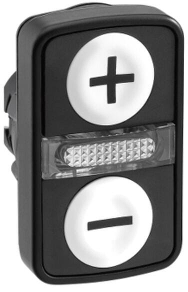 Schneider Electric ZB5AW7A1715 Harmony XB5, Doppeldrucktaster, Frontelement, Kunststoff, 22mm, beschriftet Plus/Minus, beleuchtet, weiß