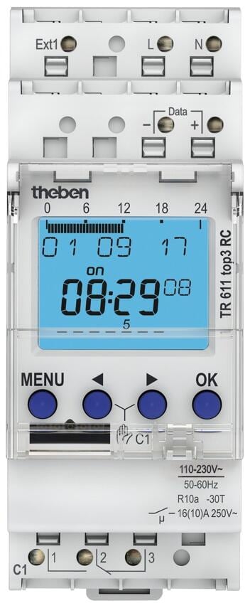 Theben TR 611 top3 RC Digitale Zeitschaltuhr 1 Kanal, REG/DIN-Schiene/Hutschiene, 2TE, Wochenprogramm, 230 V, externer Eingang, DCF-/GNSS-Antenne mögl
