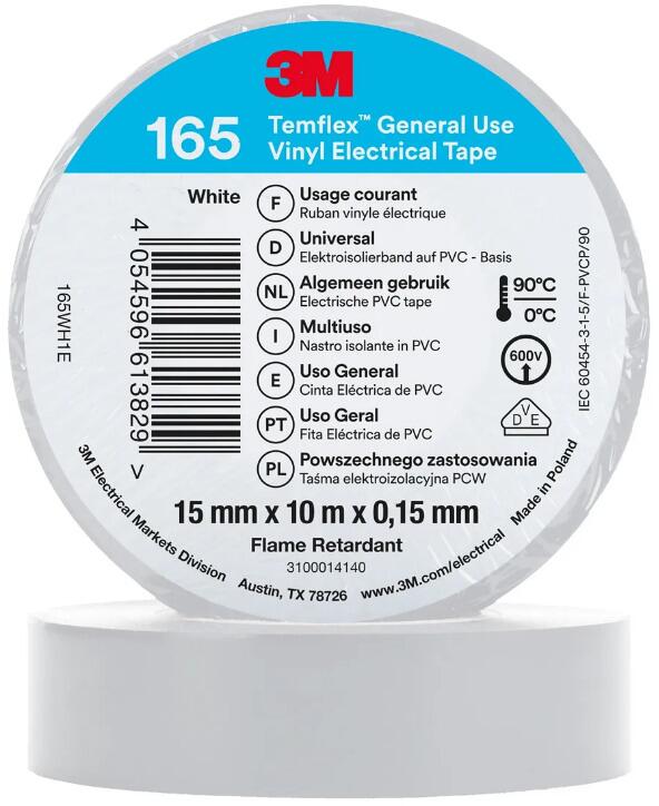 3M 165WH1E Temflex, Vinyl Isolierband, 15mmx10m, 0,15mm, Weiß (7100184731)