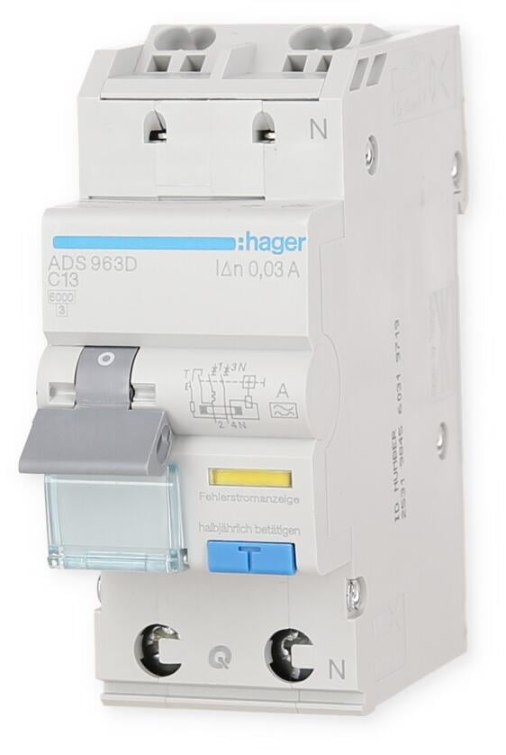 Hager ADS963D Fehlerstrom-Leitungsschutzschalter 1P+N 6kA C-13A 30mA Typ A QuickConnect