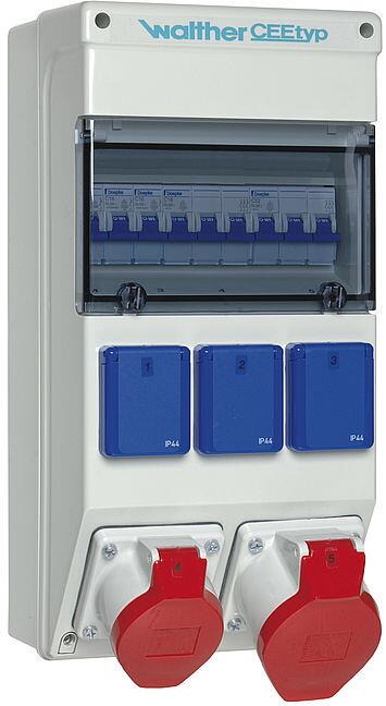 Walther Werke (6983001) Kunststoff-Steckdosenkombination in: 63A mit 5 MCBs TypC, 2 CEE-Abgänge 16-32A, 3 Schukos und Klemmsatz K25 10P