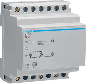 Hager ST315 Sicherheitstrafo 230V / 12V und 24V 63VA 6PLE