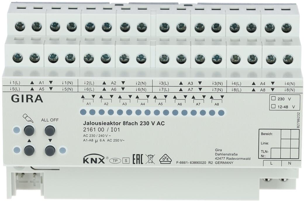 Gira 216100 KNX Jalousieaktor, 8fach, 230 V AC / 12-48 V DC, mit Handbetätigung