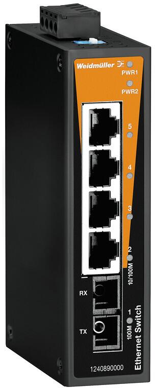 Weidmüller IE-SW-BL05-4TX-1SC Netzwerk-Switch, unmanaged, Fast Ethernet, 4x RJ45, 10/100BaseT(X), 1x SC-Multimode, IP30 (1240890000)