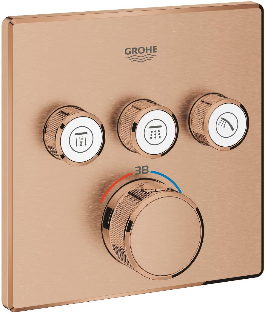 GROHE Grohtherm SmartControl Thermostat, mit 3 Absperrventilen und integriertem Brausehalter, Fertigmontageset für Rapido SmartBox, Wandrosette eckig,