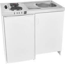 Exquisit KK1085 Miniküche mit Kühlschrank, Spüle und 2er Massekochfeld, 100 cm breit, 75 L, weiß