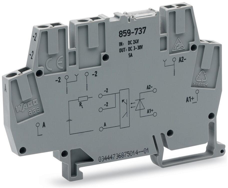Wago 859-737 Optokopplermodul, DC 24 V, 5 A, 2-Leiter-Anschluss, Statusanzeige rot, 6 mm breit, grau (25 Stück)