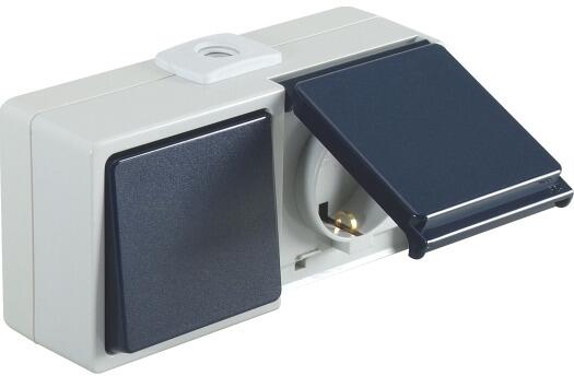 OPUS Aqua Universalschalter mit Steckdose, Aus/Wechsel Schalter, Steckdose, waagerecht, Aufputz, Feuchtraum, hellgrau/stahlblau (753.647.06)