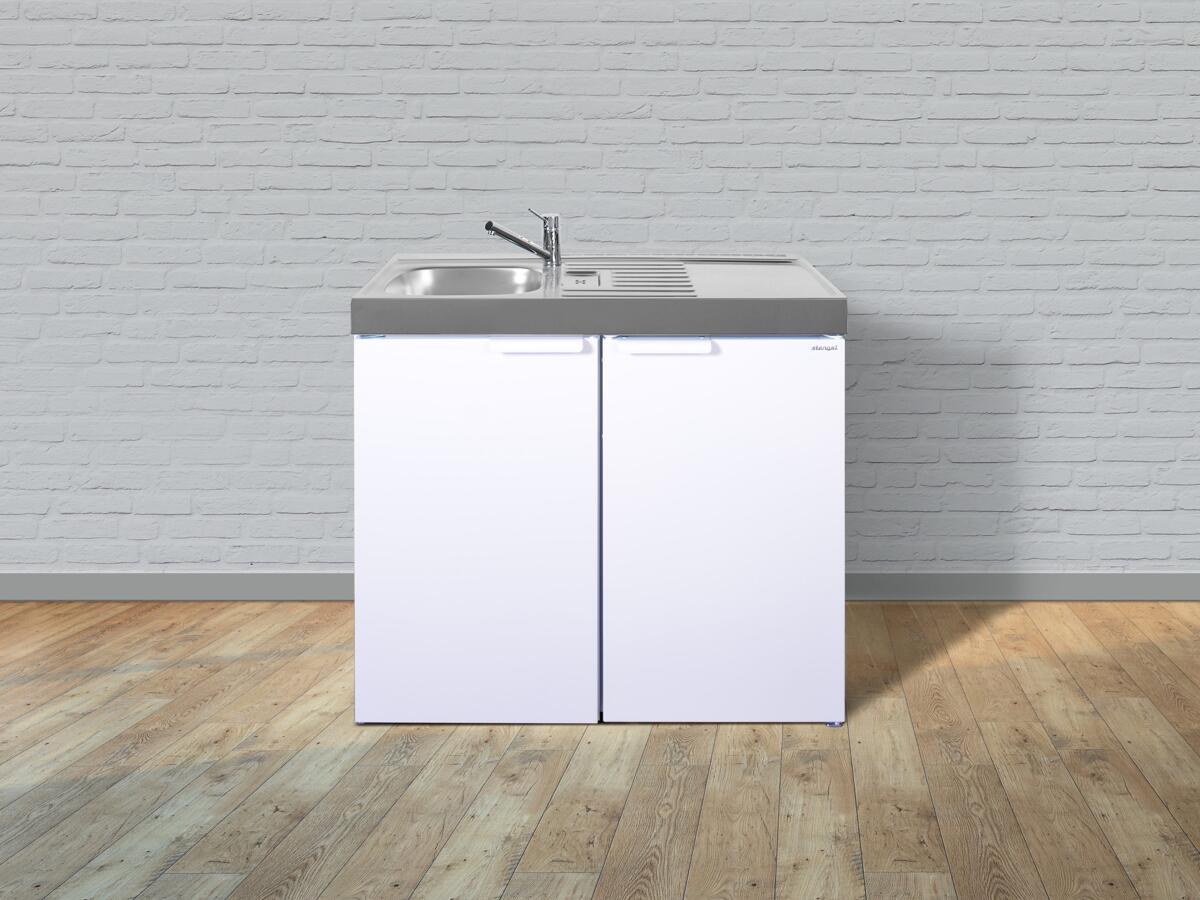Stengel MK 100 Miniküche, 100cm breit, Abtropffläche links, Kühlschrank mit Gefrierfach, Spüle rechts, weiß (11100 000051 00)