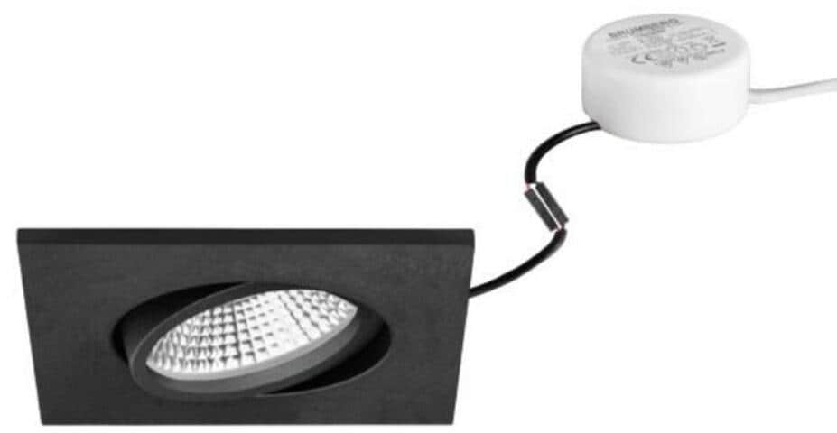 Brumberg BB25 LED-Einbaustrahlerset mit LED-Modul und Rundkonverter Phasenabschnitt dimmbar, quadratisch, schwenkbar, IP65, 3000K, Aluminium, schwarz