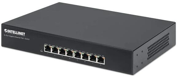 Intellinet 8-Port PoE+ Gigabit Desktop Switch 8xPoE-Ports 140W Lüfterlos, schwarz (560641)