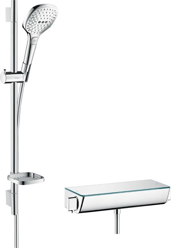 hansgrohe Raindance Select E Brausesystem Aufputz 120 3 Strahlarten mit Ecostat Select Thermostat und Duschstange 65 cm, Messing, 14,4 l/min, 120 mm,