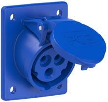 PCE CEE-Anbausteckdose, 16A, 3p, 6h, IP44/IP54 mit Hilfskontaktschalter, 70x85mm, schräg, blau (413-6h)