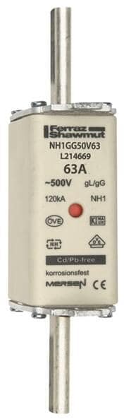 Mersen NH1GG50V63 Sicherungseinsatz gG NH1, 63A, Doppelkennmelder, spannungsführende Grifflaschen (L214669)