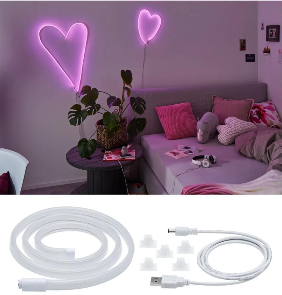 Paulmann LED Neon Colorflex – 1m Biegsames LED-Lichtband In Orange – Inkl. USB-Kabel & Halteclips