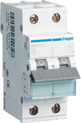 Hager MBN516 Leitungsschutzschalter 1P+N 6kA B-Charakteristik 16A 2 Module