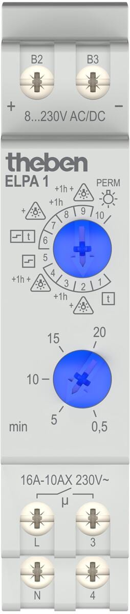 Theben ELPA 1 Treppenlicht-Zeitschalter elektronisch, REG/DIN-Schiene/Hutschiene, TLZ, Ausschalt-Vorwarnung, Multispannungseingang 8-230V, 10 Funktion
