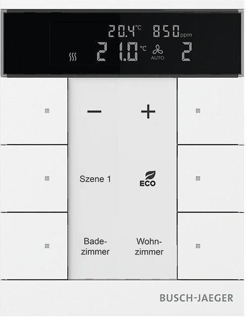 Busch-Jaeger SBC-F-6.0.11-84 Raumtemperaturregler mit VOC/Feuchte-Sensor und Bedienfunktion 6-fach Busch-Tenton , Free@Home, Studioweiß (2CKA006220A08