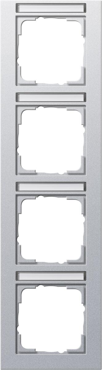 Abdeckrahmen 4fach, bruchsicher, beschriftbar, sprühnebeldicht, senkrecht, Aluminium, System 55 E2, Gira 111425