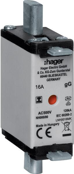 Hager LNH0016MK NH-Sicherungseinsatz, NH000, gG, 500V, 16A, Kombimelder, mit isolierter Grifflasche