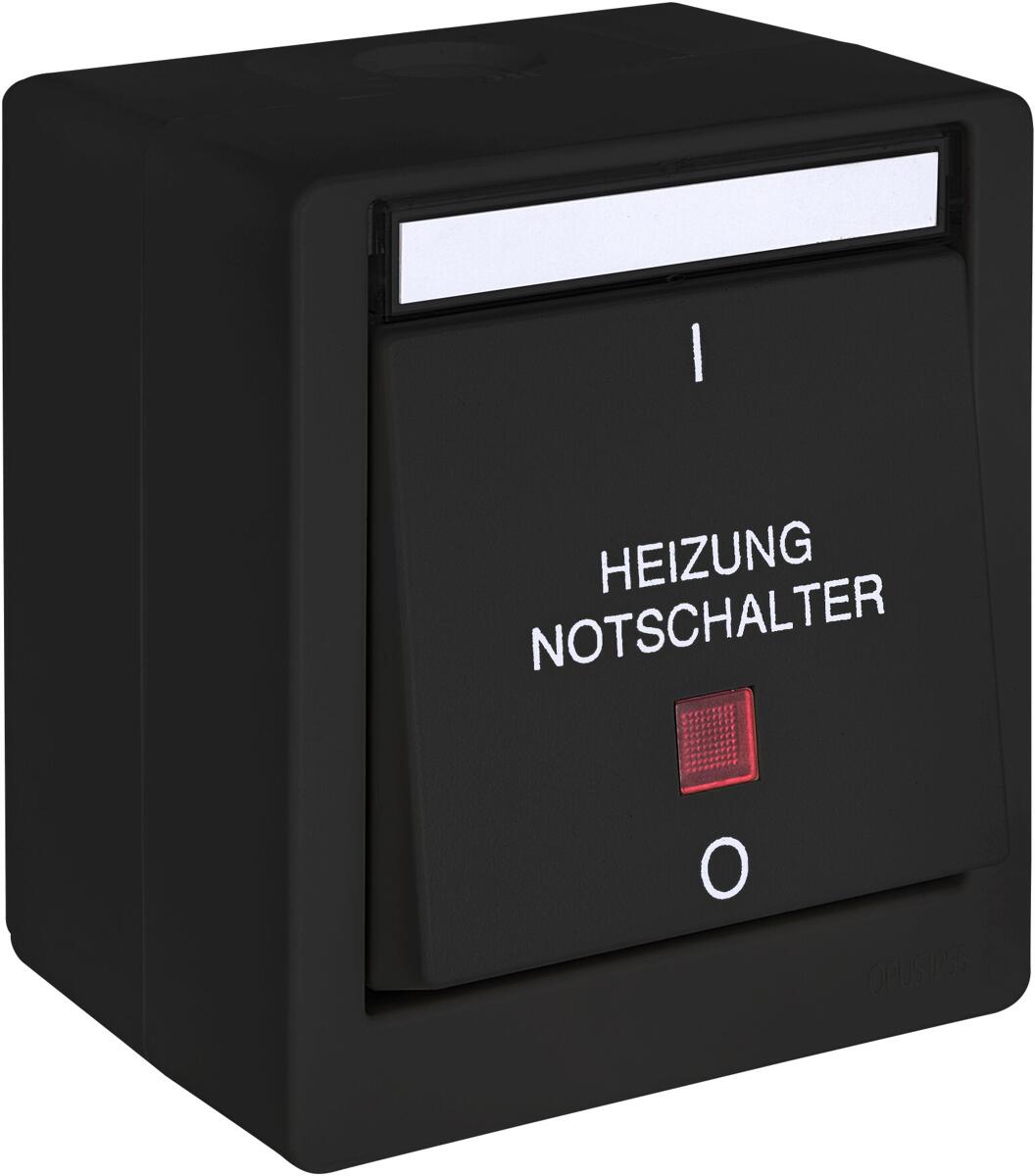 OPUS RESIST Heizung Notschalter, 2-polig, rote Linse, Aufputz, schwarz (755.644.01)