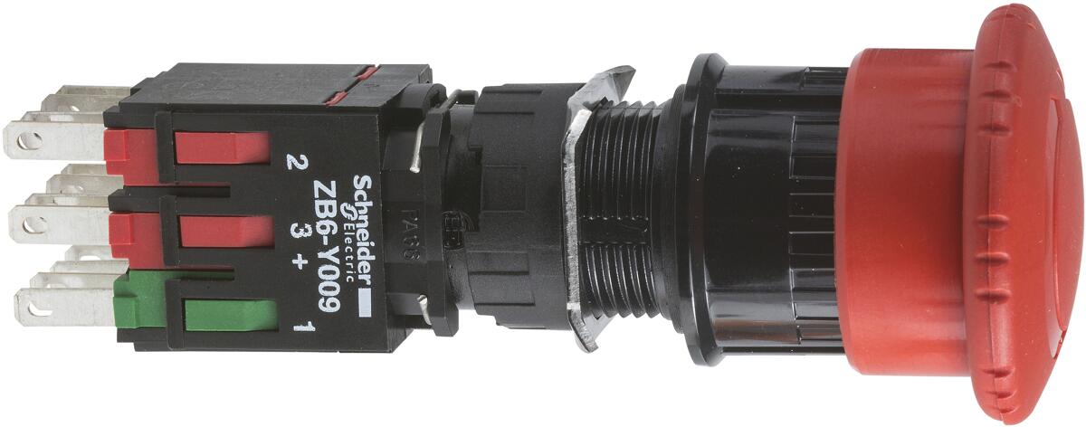 Schneider Electric XB6AS8349B Not-Halt/Not-Aus-Taster, rund, Ø 16, Drehentriegelung, 1S+2Ö, rot